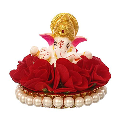 eCraftIndia Lord Ganesha Idol on Decorative Handcrafted Plate with Red Flowers