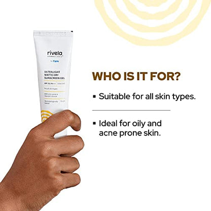 Rivela Dermascience By Cipla Ultralight Matte Sunscreen Gel | SPF 50, PA+++ | With Zinc Oxide | No Won-Sticky Finish | For Normal to Oily Skin | 50 gm