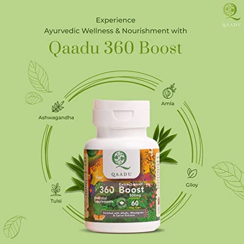 QAADU 360 BOOST Multivitamin Capsules for Men & Women, Ayurvedic Health Supplement with Ashwagandha, Triphala, Brahmi, Giloy – 60 Vegan Capsules