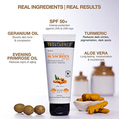 Soulflower Sunscreen Cream SPF 50+ PA++++ | For Men & Women | Oily and Dry Skin | Tanning, Dark Circishes & Ageing | Turmeric, Ginger, Aloe Vera |100g