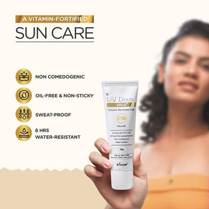 Brinton UV Doux Gold Silicone Sunscreen Gel SPF 50 PA+++ Enriched With Vitamin C & E | Water ResistaUVB With Broad Spectrum | For All Skin Types, 50 g