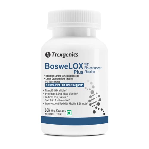 Trexgenics Boswelox Plus Joint & Bone Dual Action with Boswellia Serrata 65% Boswellic acid, Cissus Quadrangularis, Ketosterones, 60 Veg Capsules