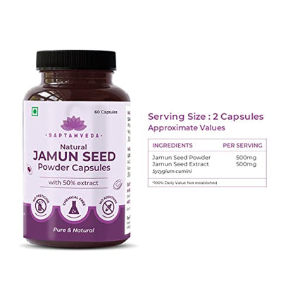 Saptamveda Natural Jamun Seed Powder Capsules with 50% Extract Pack 1, 500 mg ( 60 Capsules)