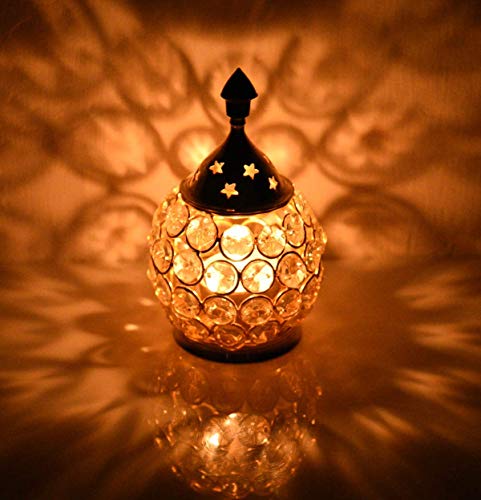 Collectible India Akhand Diya Diyas Decorative Brass Crystal Oil Lamp, Tea Light Holder Lantern Oval Shape