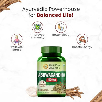 Himalayan Organics Ashwagandha 1000Mg | Boost Energy, Strength, Stamina | Helps Anxiety & Stress Relief For Men & Women (120 Capsules)