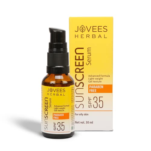 Jovees Herbal Sunscreen Face Serum SPF 35 with Aloe Vera, Carrot and Sunflower Extract, Advanced Ligt Weight Gel Based Formula For Sun Protection 30ml