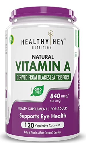 HealthyHey Nutrition Natural Vitamin A from Beta Carotene, Non Synthetic/GMO, 0mcg Veg Capsules, 120 Count