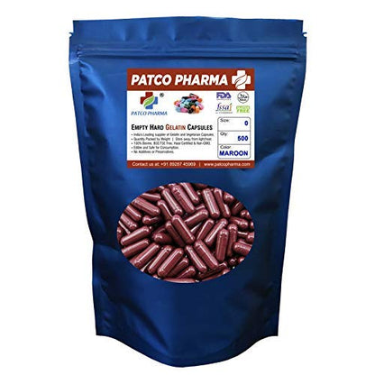 Patco Pharmaceuticals - Size 0 Maroon Empty Gelatin Pill Capsule - Gluten Free/Halal Certified | DIY Powder Filling (Pack of 500)