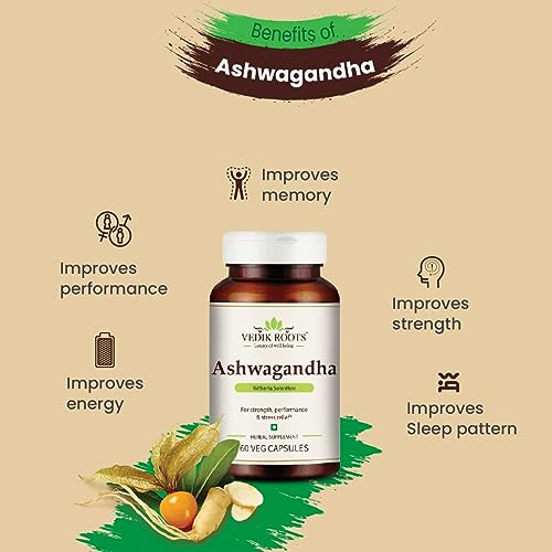 Vedikroots Ashwagandha Capsules | Boost Energy | Helps Anxiety & Stress Relief For Men & Women 60 Veg Capsules (Pack of 1)