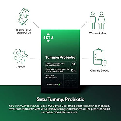 Setu Tummy Probiotic - 30 Capsules, Pack of 3 | 9 strains with 20 Billion CFUs for Women & Men | Natus & Bifidobacterium, Better Immunity, Reduced Gas