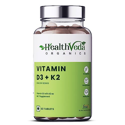 Health Veda Organics Vitamin D3 (400 IU) + Vitamin K2 as MK7 Supplement (55mcg) | 60 Veg Tablets | Ssts Immune System & Joint Health | For Men & Women