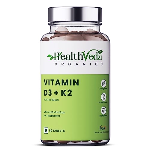 Health Veda Organics Vitamin D3 (400 IU) + Vitamin K2 as MK7 Supplement (55mcg) | 60 Veg Tablets | Ssts Immune System & Joint Health | For Men & Women