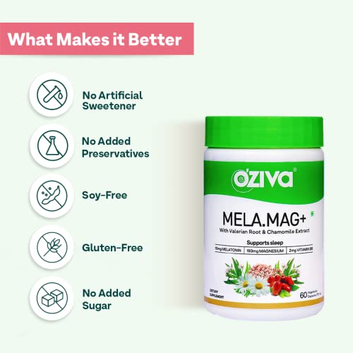 OZiva Mela.Mag+, Deep Sleep Tablets for a Healthy Sleep Cycle, Calming Effects and Holistic Wellbeing | With Valerian Root & Guduchi | 60 veg capsules