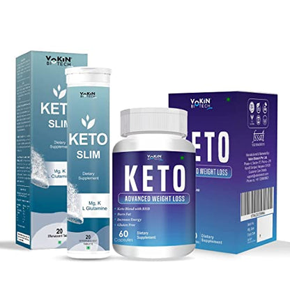 Vokin Biotech Keto 60 Capsules for weight loss (Blue) & Free Exclusive Keto Slim Water Soluble 20 Tablets