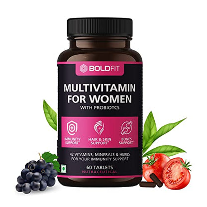 Boldfit Multivitamin Tablets For Women With 42 Ingredients - Probiotics, Zn, Vit B12, C - Supports Energy, Immunity, Hair, Skin & Bone - 60 Veg Tabs