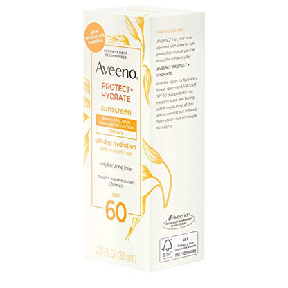 Aveeno Protect + Hydrate Moisturizing Face Sunscreen Lotion With Broad Spf 60 & Prebiotic, Oil-free, Oxybenzone-free, 2.0 ounces