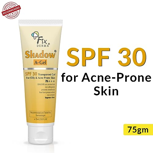 FIXDERMA Shadow Sunscreen A-Gel Spf 30, Moisturizer For Unisex Of Acne Prone Skin For Body & Face, Bectrum Uva & Uvb Protection, Transparent Gel, 75ml