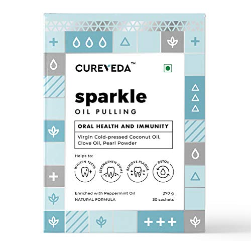 Cureveda Sparkle Oil Pulling for Mouth, Teeth & Immunity | Virgin Coconut Oil, 4 essential oils, Pearl powder - 30 sachets