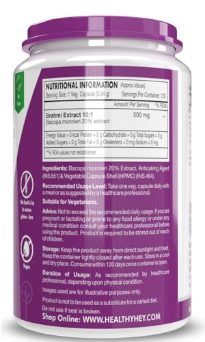 HealthyHey Nutrition Brahmi - Bacopa Monnieri Support Memory and Brain Health - 120 Veg Capsules