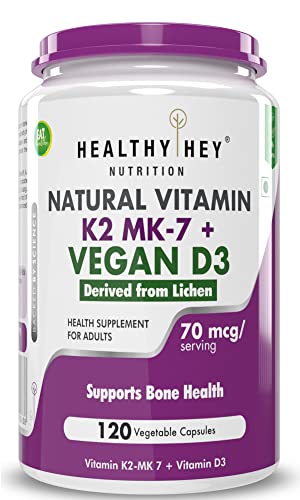 HealthyHey Nutrition Natural Vitamin K2 + Natural D3 (Vegan) - Non-GMO | Non-Synthetic 120 Veg. Capsules