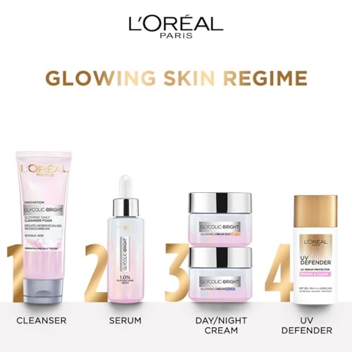 L'Oreal Paris Instant Glowing Serum, 1% Glycolic Acid, 2% Niacinamide, Reveals Even Skin Tone, Glycolic Bright Skin, 30ml