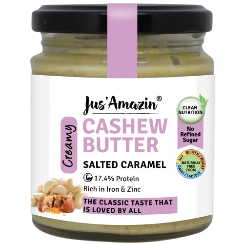 Jus' Amazin Creamy Cashew Butter – Salted Caramel (200g) | 17% Protein | Plant Based Nutrition | Zero Chemicals | Vegan