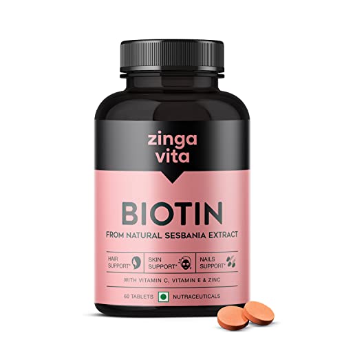 Zingavita Plant Based High Potency Biotin for Hair Growth - 60 Veg Tablets, Ideal Supplement for Strong Hair, Glowing Skin & Strong Nails