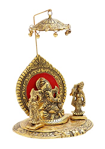 Nexplora Industries Pvt. Ltd. Metal Riddhi Siddhi Chatra Ganesh Idol, Height 18 cm, Gold Antique, 1 Piece