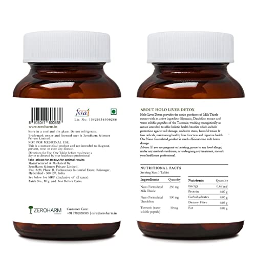 ZEROHARM Holo Liver Detox tablets | Liver cleanse & detox supplements for men & women | Liver, gallbThistle, Dandelion & Turmeric extract (60 Tablets)