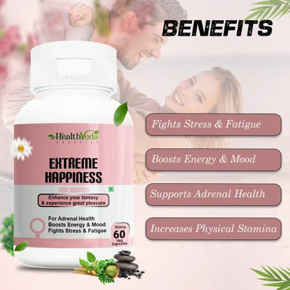 Health Veda Organics Extreme Happiness 500 mg I 60 Capsules I Enhances Immunity & Improves Energy Levels I Boosts Stamina I Only for Women