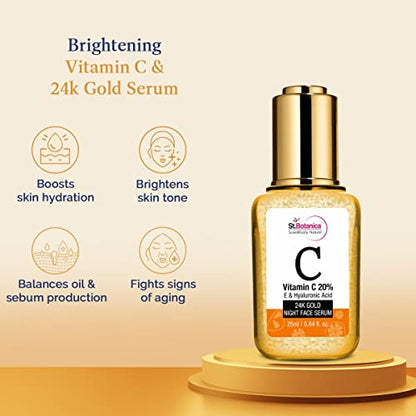 St.Botanica Vitamin C 20%, E & Hyaluronic Acid 24K Gold Night Face Serum, 25ml With Brightening Vit C & Gold Fragments