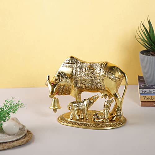 Collectible India Metal Kamdhenu Cow with Calf Showpiece, 7.5 x 7 x 5.5 Inches, Golden