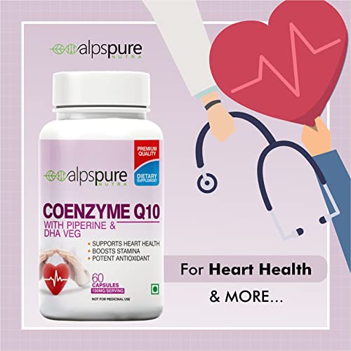 Alpspure Nutra Coenzyme Q10 / COQ10 100Mg High Absorption With Piperine & Dha Veg (60 Veg Capsules)  Antioxidant, Promotes Heart Health & Boost Energy