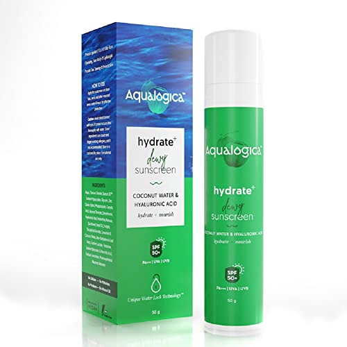 Aqualogica Hydrate+ Dewy Sunscreen SPF 50 PA+++ 50g | UVA/B & Blue Light Protection for Men & Women  For Oily, Combination & Dry Skin | Fragrance-Free
