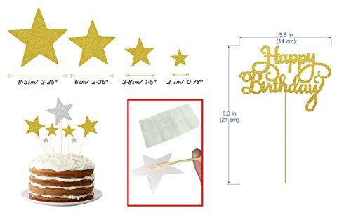 Party Propz Happy Birthday Cake Topper 14Pcs with Golden Silver Glitter And Stars Cupcake Toppers for 30th, 40th, 50th,60th Bday Decorations