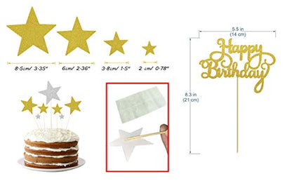 Party Propz Happy Birthday Cake Topper 14Pcs with Golden Silver Glitter And Stars Cupcake Toppers for 30th, 40th, 50th,60th Bday Decorations