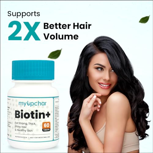 myUpchar ayurveda Biotin+ for Hair Growth | Supplement For Strong & Thick Hair | Glowing Skin, Fight Iron & Zinc | For Men & Women | 60 Biotin Tablets