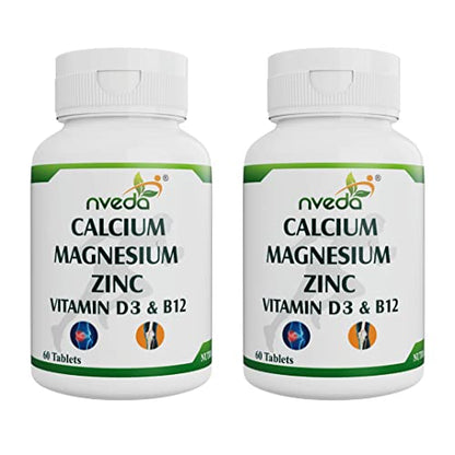 Nveda Calcium Supplement 1,000 mg with Vitamin D3, B12, Magnesium, Zinc Men & Women For Immunity, Bone & Joint Support - 120 Tabs (Pack of 2)