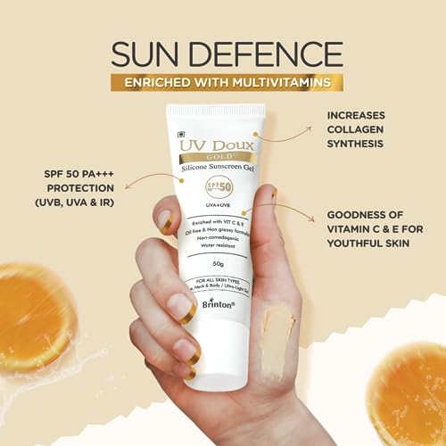 Brinton UV Doux Gold Silicone Sunscreen Gel SPF 50 PA+++ Enriched With Vitamin C & E | Water ResistaUVB With Broad Spectrum | For All Skin Types, 50 g