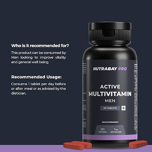 Nutrabay Pro Active Multivitamin for Men - 25 Vital Vitamins & Minerals with Zinc, Vitamin C, Vitamihances Energy, Stamina & Immunity - 30 Veg Tablets