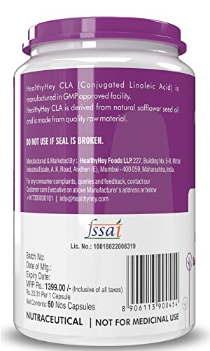Healthy Hey Nutrition CLA 500 - Conjugated Linoleic Acid - Helps Fat Oxidation - 500mg (60 Veg. Capsules)