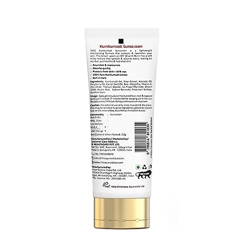 TAC - The Ayurveda Co. Kumkumadi Sunscreen Ultra Light SPF 50 with UVA/UVB PA+++, for Sun Protection & Dry Skin, for Women & Men, All Skin Types, 50gm