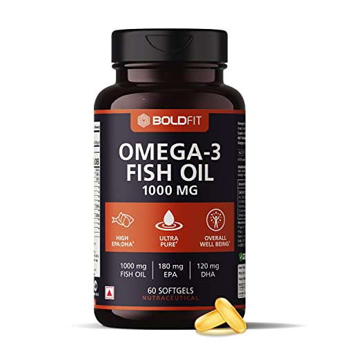 Bolddfit Omega 3 Fish Oil 1000mg supplements, Supports Heart, Brain, Joints & Skin with EPA 180 mg & DHA 120 mg for men and women - 60 Caps