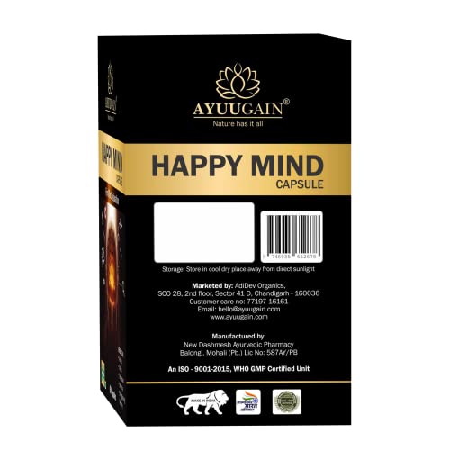 Ayuugain Happy Mind Capsule with Brahmi Bacopa Monnieri, Shankhpushpi, Ashwagandha, Vacha & More – 60 Veg. Capsules