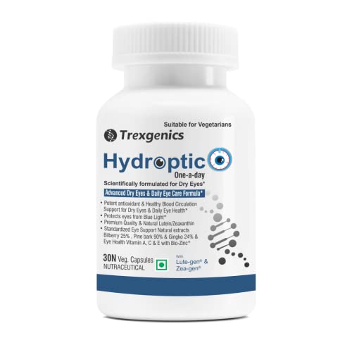 Trexgenics Hydroptic Advanced Dry Eyes & Eye Care with Lutein, Zeaxanthin, Bilberry, Gingko, Pine Bark, Vit A, C, Zinc (30 Vcaps)