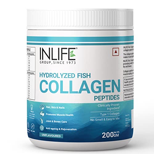 INLIFE Hydrolyzed Marine Fish Collagen Peptides Powder, Skin Health, Bone Health, Type 1 Collagen 200g (Unflavoured)