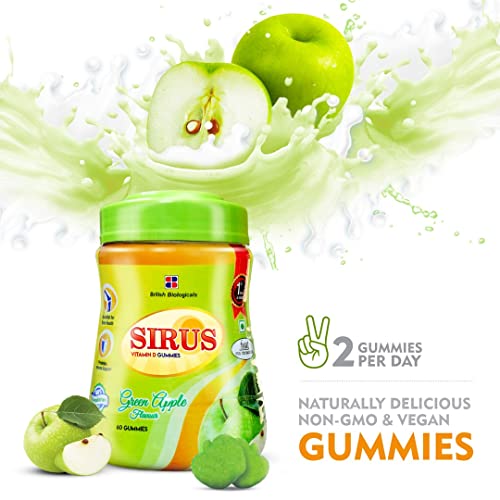 British Biologicals - Sirus Vitamin D3-60 Gummies for Women & Men - Supports Immunity, Bones, Teeth, Nervous System - Gluten Free - Green Apple Flavor