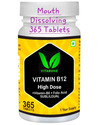 VITARUHE® Vitamin B12 High Dose+ B6/Folic Acid, 365 Tablets Methylcobalamin & Sublingual for Maximum Effects, Vegan, 365 Tablets for 1 year