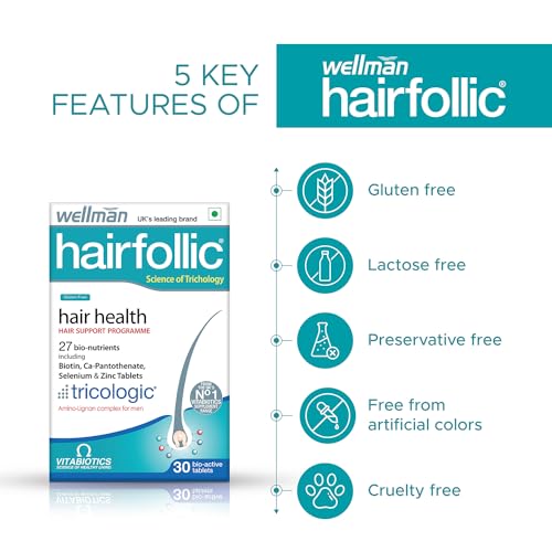 Wellman Hairfollic Hair supplements for Men with zinc, selenium, lignans that supports hair growth, ide strength to hair roots | vegetarian 30 tablets