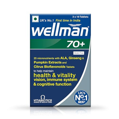 wellman 70+ multivitamin tablets for men over age 70 years with Pumpkin seed extract,vitamin D, B6, n, Immune Health Gluten free vegetarian 30 tablets